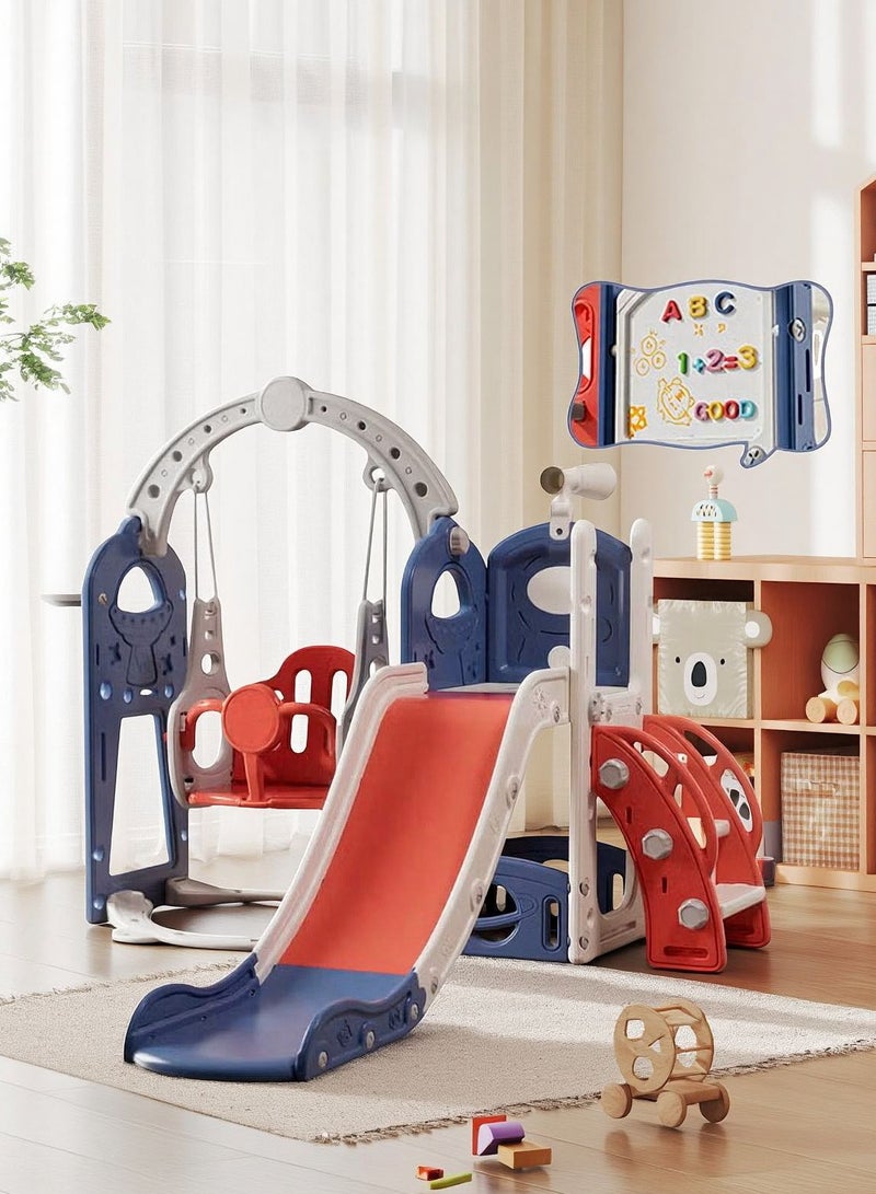 HAVERTYS 6-in-1 Kids Slide and Swing Set with Drawing Board，Indoor/Outdoor Toddler Climber Playground with Basketball Hoop, Storage & Telescope - Image 1