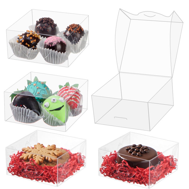 ROSPAKTEK 100pcs 4x4x2 Inch Clear Plastic Pastry Gift Boxes for Cookies, Chocolate Covered Strawberries, Truffles, Brownies & More - Image 1