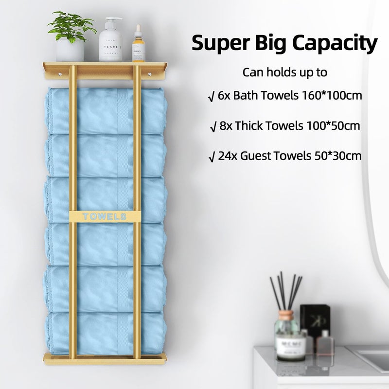 STWWO Bathroom Towel Storage Rack for Bathroom, 30 inch Towel Racks Wall Mounted with Shelf Can Holds 6 Large Towels, Wall Towel Rack for Rolled Towels, Gold - Image 3