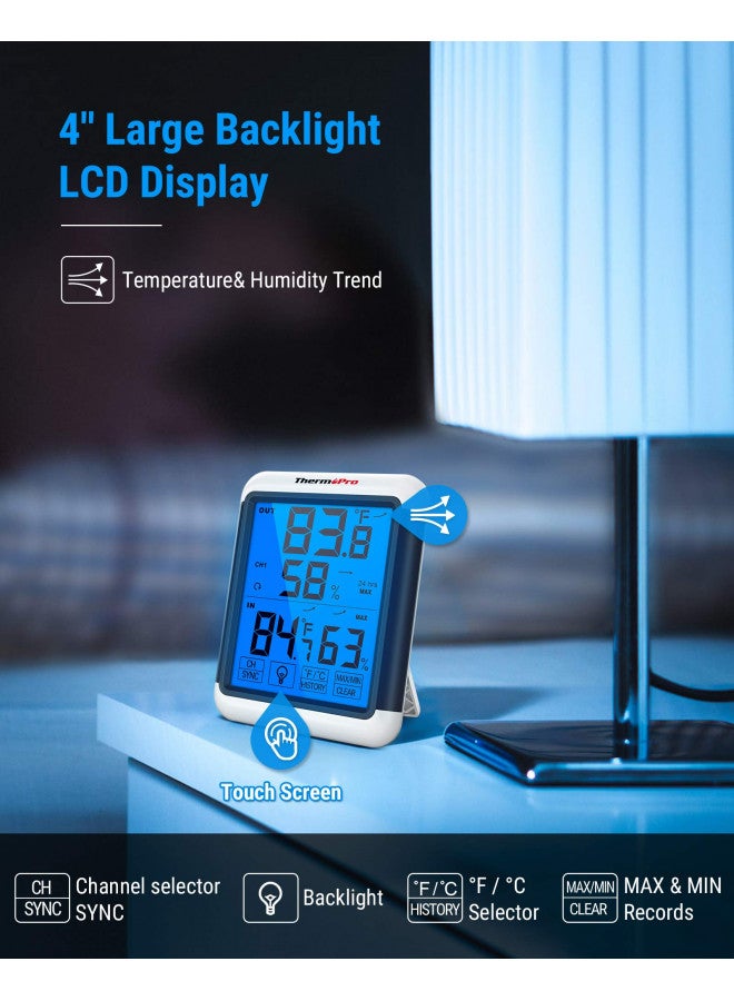 ThermoPro TP65 Indoor Outdoor Thermometer Digital Wireless Hygrometer Temperature Humidity Monitor with Jumbo Touchscreen and Backlight Humidity Gauge,LCD - Image 4