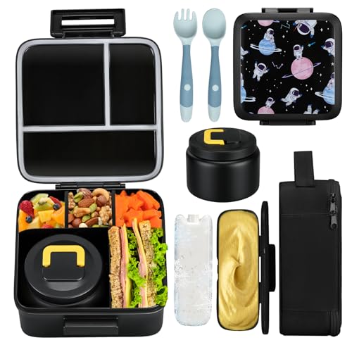 JXXM Bento Lunch Box for Kids With 8oz Soup Thermo,Leak-proof Lunch Containers with 5 Compartment,Thermo Food Jar and Lunch Bag, Food Containers for School (A-Black(Circumnavigate Space)) - Image 1