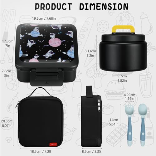 JXXM Bento Lunch Box for Kids With 8oz Soup Thermo,Leak-proof Lunch Containers with 5 Compartment,Thermo Food Jar and Lunch Bag, Food Containers for School (A-Black(Circumnavigate Space)) - Image 5