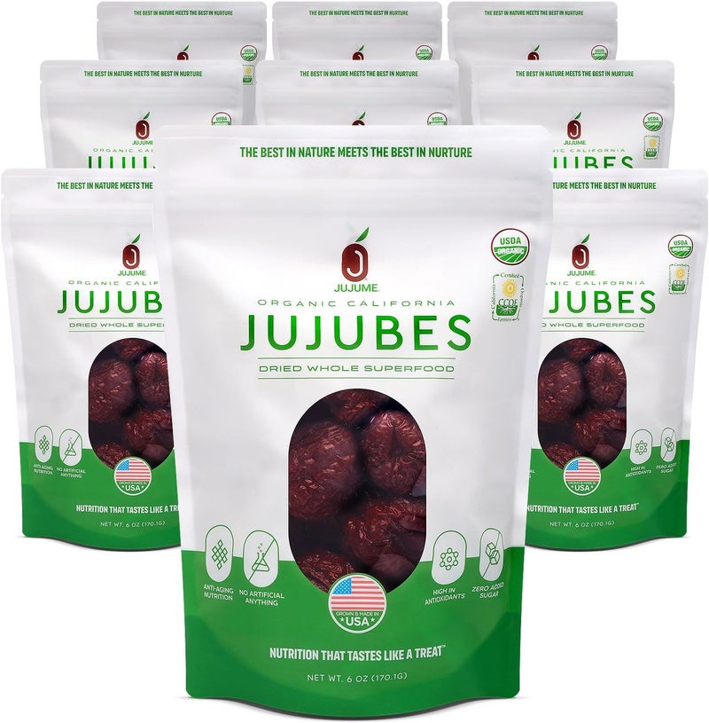 JUJUME Organic California Grown Jujubes Red Dates - 10-Pack of 6 oz. Bags - High Grade Superfood Dried Fruit - Image 1