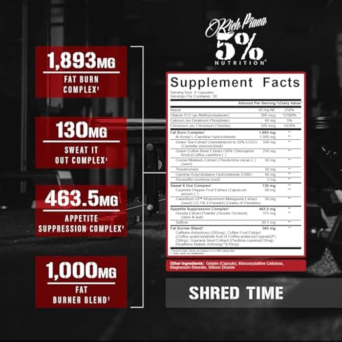 5% Nutrition Shred Time Fat Burner | Green Tea, Coffee Bean, Cayenne, Theobromine, GBB | Appetite Suppression | 30 Servings (180 Capsules) - Image 2