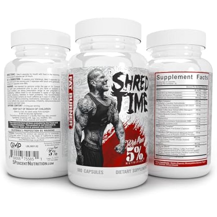 5% Nutrition Shred Time Fat Burner | Green Tea, Coffee Bean, Cayenne, Theobromine, GBB | Appetite Suppression | 30 Servings (180 Capsules) - Image 5