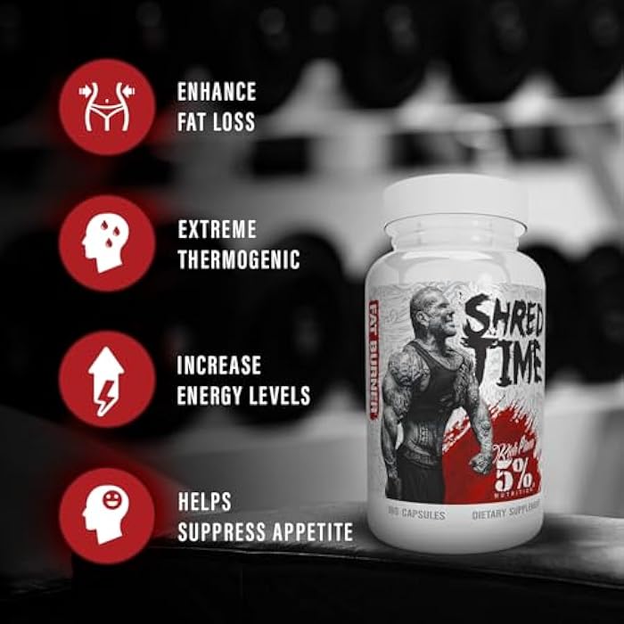 5% Nutrition Shred Time Fat Burner | Green Tea, Coffee Bean, Cayenne, Theobromine, GBB | Appetite Suppression | 30 Servings (180 Capsules) - Image 3