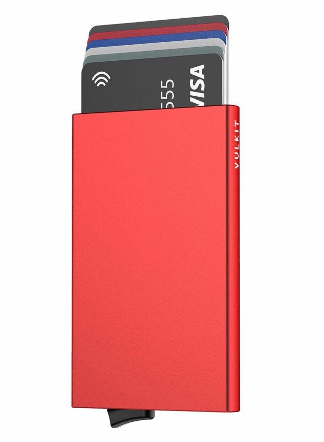 VULKIT Pop Up Wallet, Slim Minimalist Credit Card Holder For Men and Women RFID Blocking Mini Metal Case Red - Image 1