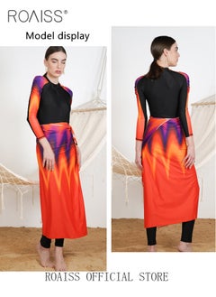 roaiss 3 Piece Women Swimsuit Beach Sun Protection Clothing Ladies Conservative Style Long Sleeve Swimwear Body Modification Printing Elements Contrasting Colors Swimming Suit Various Matching Methods Black Orange  - Image 4