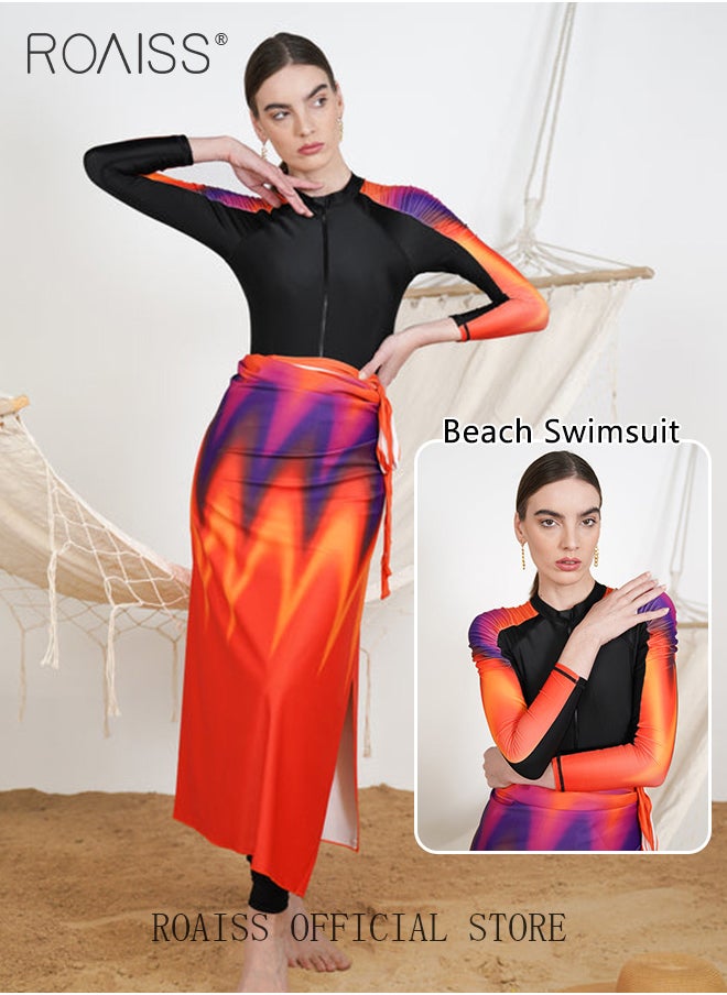 roaiss - 3 Piece Women Swimsuit Beach Sun Protection Clothing Ladies Conservative Style Long Sleeve Swimwear Body Modification Printing Elements Contrasting Colors Swimming Suit Various Matching Methods Black Orange - Image 1
