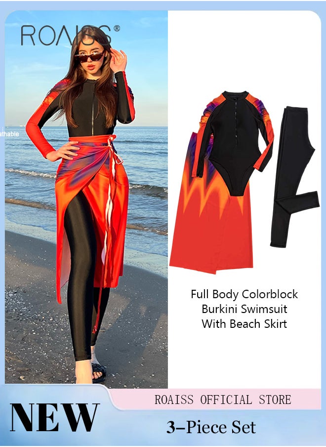 roaiss - 3 Piece Women Swimsuit Beach Sun Protection Clothing Ladies Conservative Style Long Sleeve Swimwear Body Modification Printing Elements Contrasting Colors Swimming Suit Various Matching Methods Black Orange - Image 1