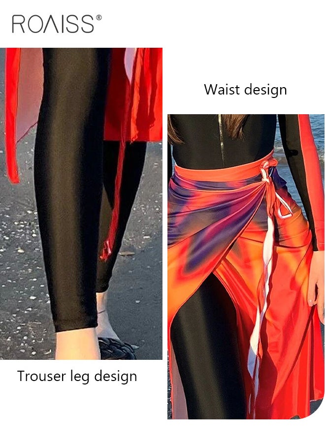 roaiss - 3 Piece Women Swimsuit Beach Sun Protection Clothing Ladies Conservative Style Long Sleeve Swimwear Body Modification Printing Elements Contrasting Colors Swimming Suit Various Matching Methods Black Orange - Image 1