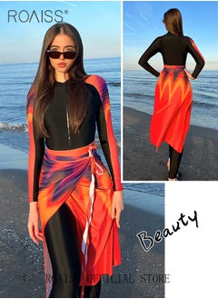 roaiss 3 Piece Women Swimsuit Beach Sun Protection Clothing Ladies Conservative Style Long Sleeve Swimwear Body Modification Printing Elements Contrasting Colors Swimming Suit Various Matching Methods Black Orange  - Image 5