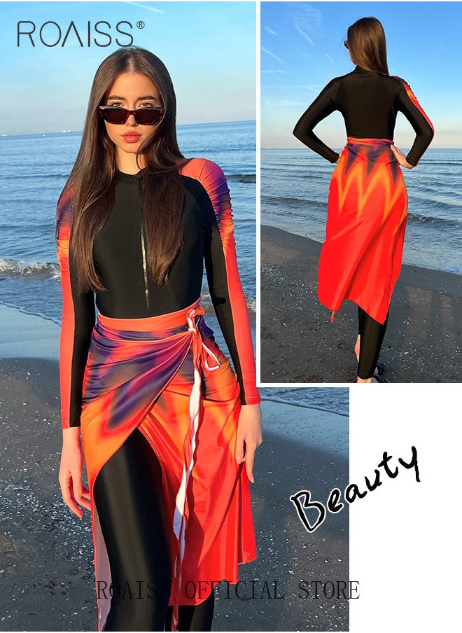roaiss - 3 Piece Women Swimsuit Beach Sun Protection Clothing Ladies Conservative Style Long Sleeve Swimwear Body Modification Printing Elements Contrasting Colors Swimming Suit Various Matching Methods Black Orange - Image 1