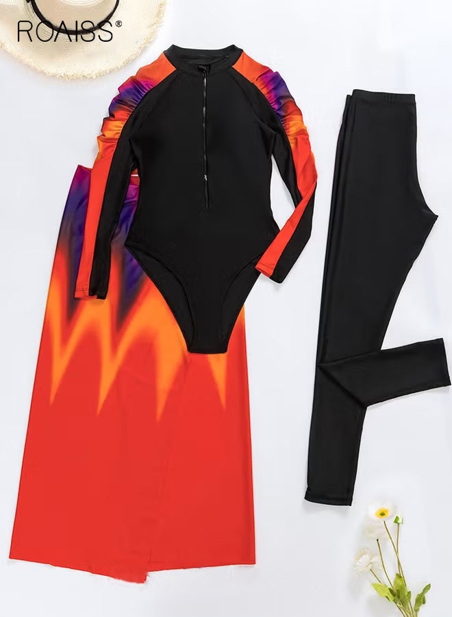 roaiss 3 Piece Women's Swimsuit, Beach Sun Protection Clothing, Ladies Conservative Style Long Sleeve Swimwear, Printing Elements Contrasting Colors Swimming Suit, Various Matching Methods, Black Orange - Image 3