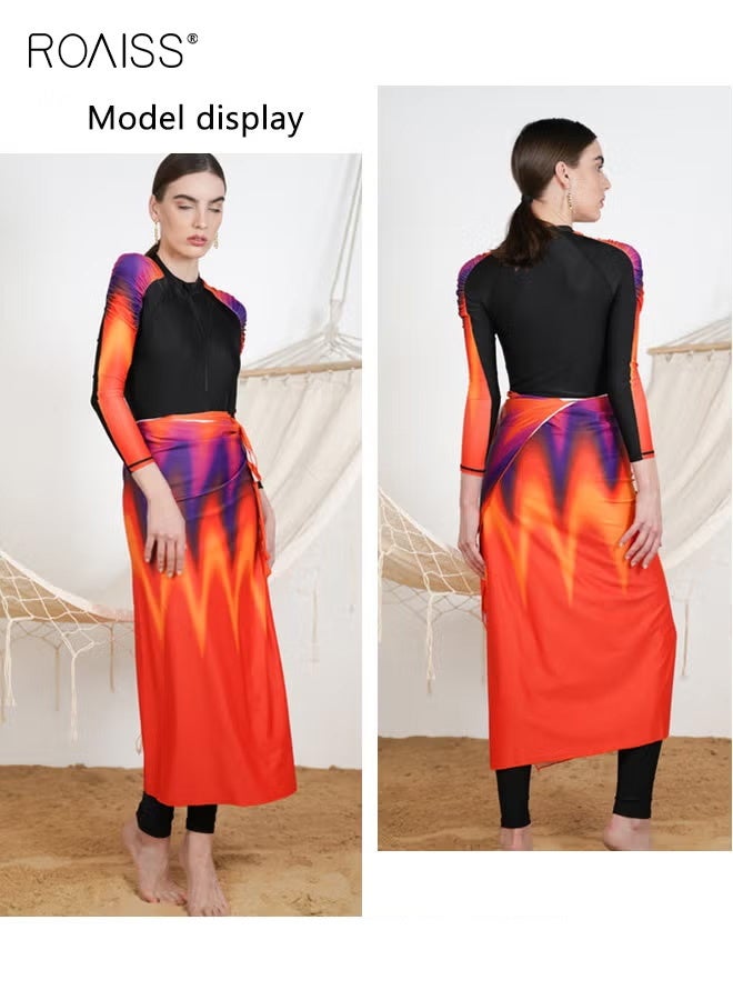 roaiss 3 Piece Women's Swimsuit, Beach Sun Protection Clothing, Ladies Conservative Style Long Sleeve Swimwear, Printing Elements Contrasting Colors Swimming Suit, Various Matching Methods, Black Orange - Image 4