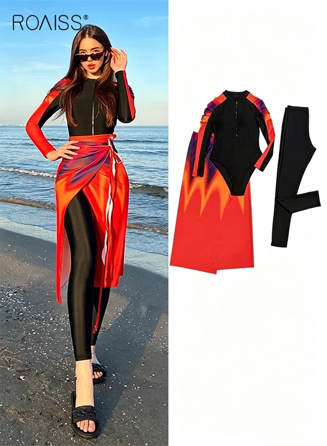 roaiss 3 Piece Women's Swimsuit, Beach Sun Protection Clothing, Ladies Conservative Style Long Sleeve Swimwear, Printing Elements Contrasting Colors Swimming Suit, Various Matching Methods, Black Orange - Image 1