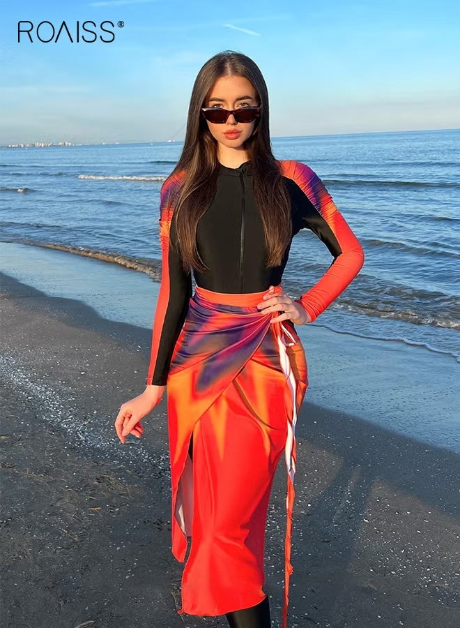 roaiss 3 Piece Women's Swimsuit, Beach Sun Protection Clothing, Ladies Conservative Style Long Sleeve Swimwear, Printing Elements Contrasting Colors Swimming Suit, Various Matching Methods, Black Orange - Image 2