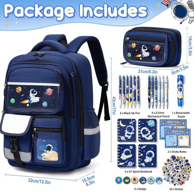 Fimibuke Kids Backpack for School Boys, 30PCS Space Toddler School Supplies Stationery Set with Bookbag Pencil Case Pins Gel Pens Pencils Notebooks Easter Gifts for Kindergarten Elementary Student - Image 2