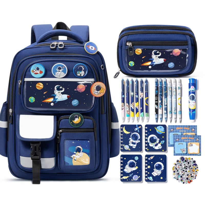 Fimibuke Kids Backpack for School Boys, 30PCS Space Toddler School Supplies Stationery Set with Bookbag Pencil Case Pins Gel Pens Pencils Notebooks Easter Gifts for Kindergarten Elementary Student - Image 1