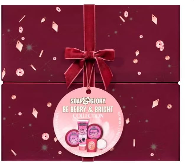 Soap and Glory Berry Bright Gift Set Body Wash Body Butter Scrub Bath Fizzer Candle Perfect Holiday or Birthday Gift for Glowing Skin 5 Pcs