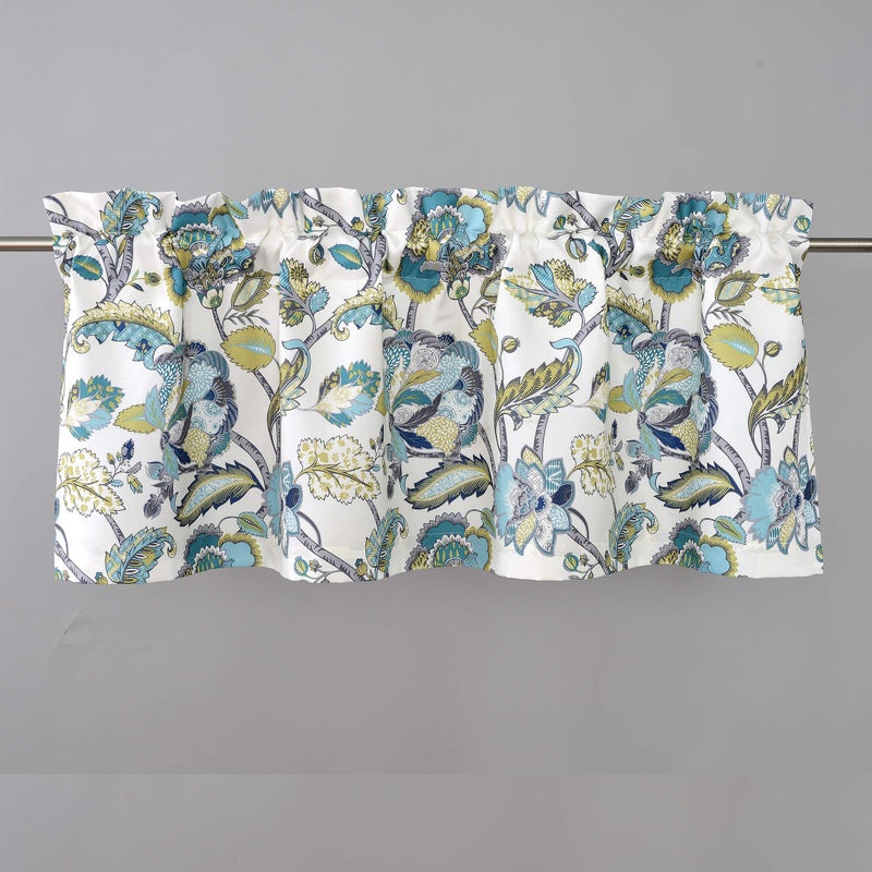 DriftAway Layla Classic America Style Floral Leaves Room Darkening Window Curtain Valance Rod Pocket Single 52 Inch by 18 Inch Plus 2 Inch Header Ivory Teal Gray