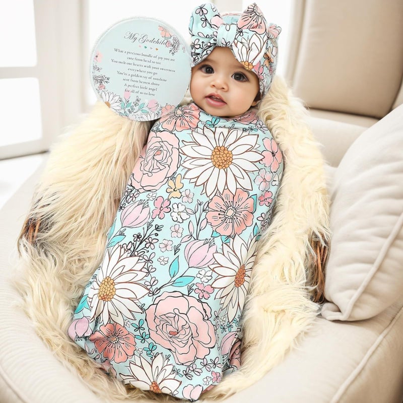 جالا بلومر Newborn Receiving Blanket Headband Set Baby Flower Swaddle (Blue Glass) - Image 2
