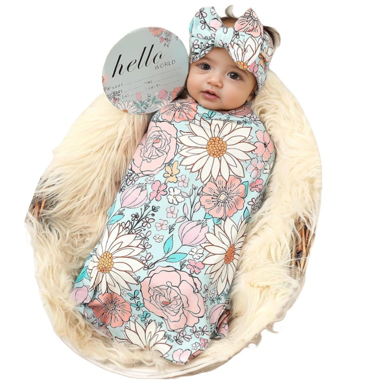 جالا بلومر Newborn Receiving Blanket Headband Set Baby Flower Swaddle (Blue Glass) - Image 1