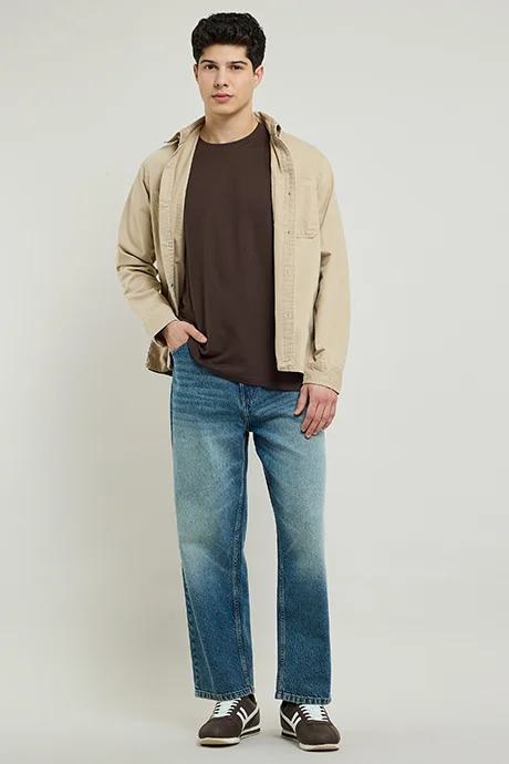 أر أند بي Solid Denim Shirt with Classic Collar and Long Sleeves