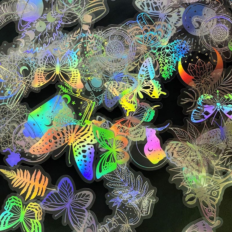 Yoksas Holographic Glitter Stickers 200Pcs Transparent Butterfly Plants Witchy Stickers for ScrapbookingBullet JournalResin Craft Supplies