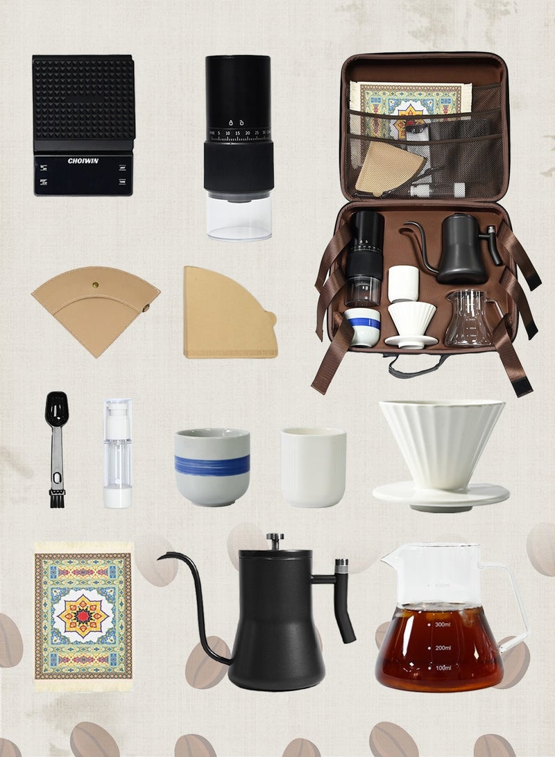 CHOIWIN V60 Coffee Maker Set, 12 Piece Electric Grinder  Coffee Drip Set, Coffee Maker Set with Carbon Fiber Tote, Automatic Brew Coffee Maker Set with Coffee Scale, Coffee Pot, Coffee Filter for Coffee Lovers  - Image 1