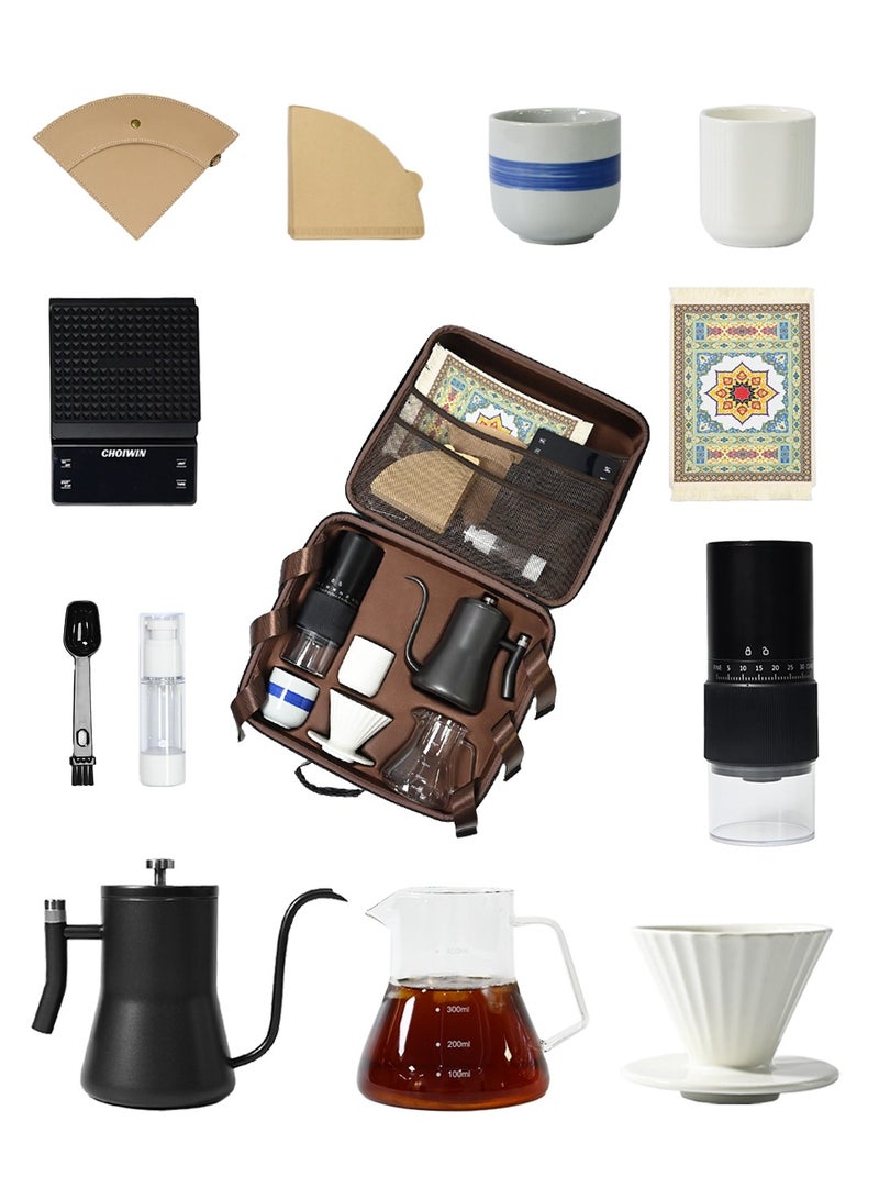 CHOIWIN V60 Coffee Maker Set, 12 Piece Electric Grinder  Coffee Drip Set, Coffee Maker Set with Carbon Fiber Tote, Automatic Brew Coffee Maker Set with Coffee Scale, Coffee Pot, Coffee Filter for Coffee Lovers  - Image 2