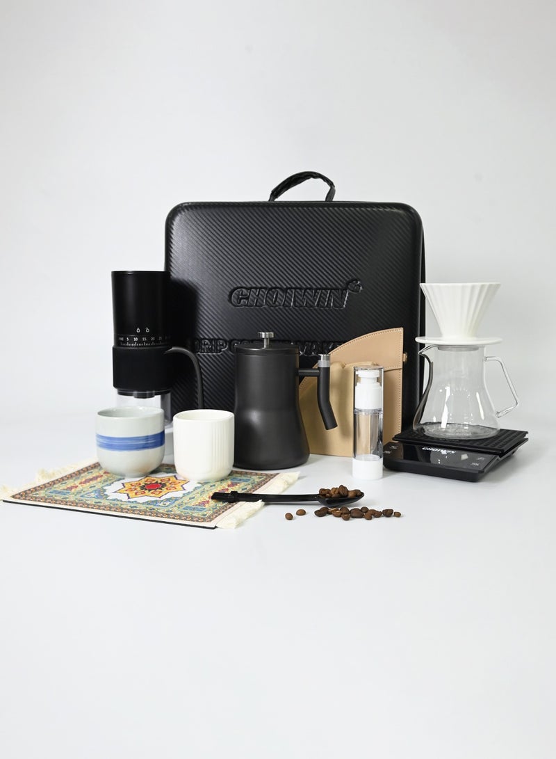 CHOIWIN V60 Coffee Maker Set, 12 Piece Electric Grinder  Coffee Drip Set, Coffee Maker Set with Carbon Fiber Tote, Automatic Brew Coffee Maker Set with Coffee Scale, Coffee Pot, Coffee Filter for Coffee Lovers  - Image 3