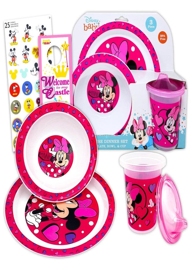 Disney Classic Disney Minnie Mouse Dinnerware Set - Bundle with Plate, Bowl, and Cup Stickers More (Minnie Dishes Kids Toddlers) - Image 1