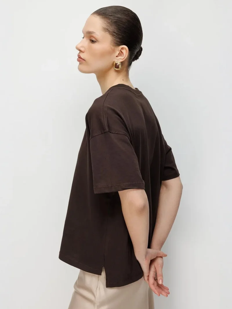 Mixray Brown MIXRAY Oversized Ribbed Crew Neck Two-Piece T-Shirt Set for Women | Best Price UAE