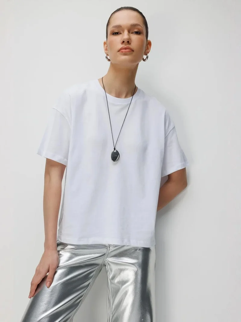 Mixray Brown MIXRAY Oversized Ribbed Crew Neck Two-Piece T-Shirt Set for Women | Best Price UAE