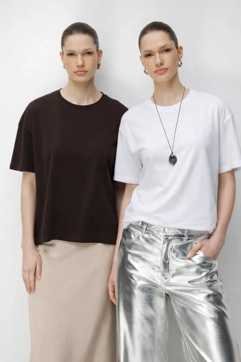 ميكسراي MIXRAY Oversized Ribbed Crew Neck Two-Piece T-Shirt Set