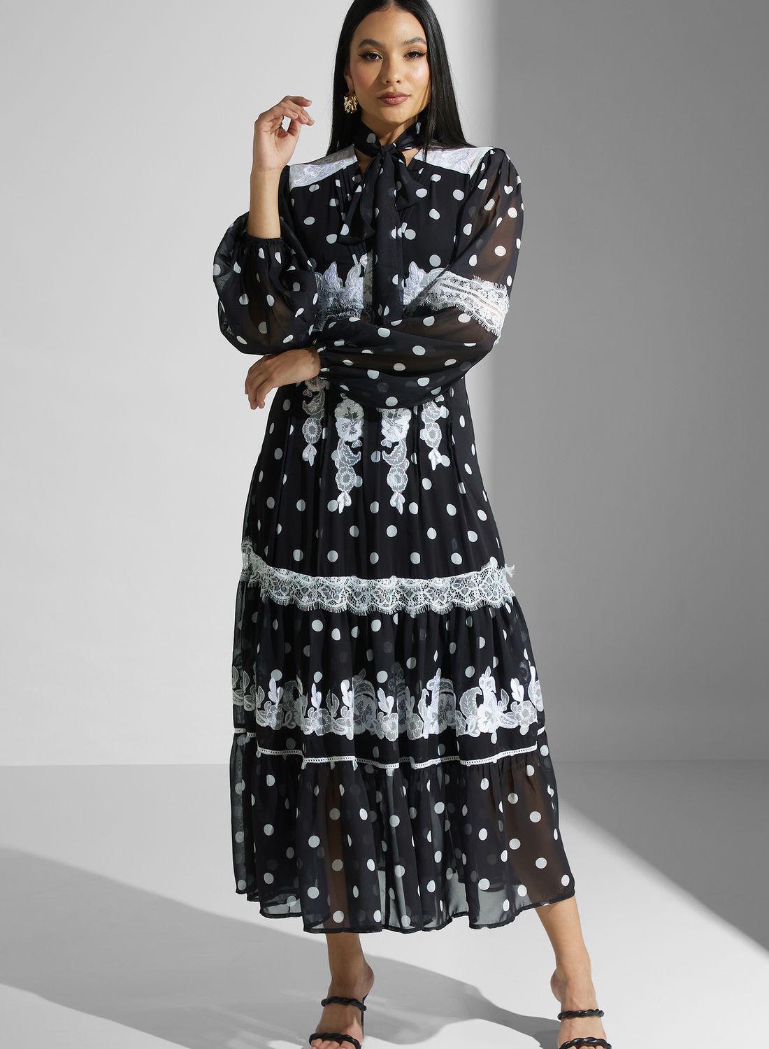 関税込 160ｃｍ以下 Karen Millen ラッフル シフォンドレス KAREN MILLEN】ジップ シフォンスリーブ ニットドレス(送料込)