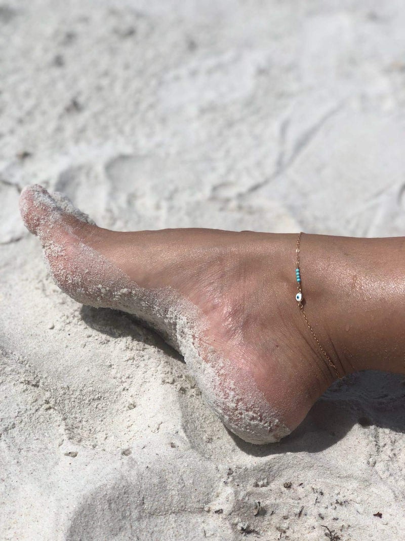 MEVECCO Anklet for Women Gold Evil Eye Ball Turquoise Quartet Bead Wire Wrapped 14K Gold Plated Dainty Chain Boho Beach Summer Simple Protection Foot Jewelry Ankle Bracelet - Image 3