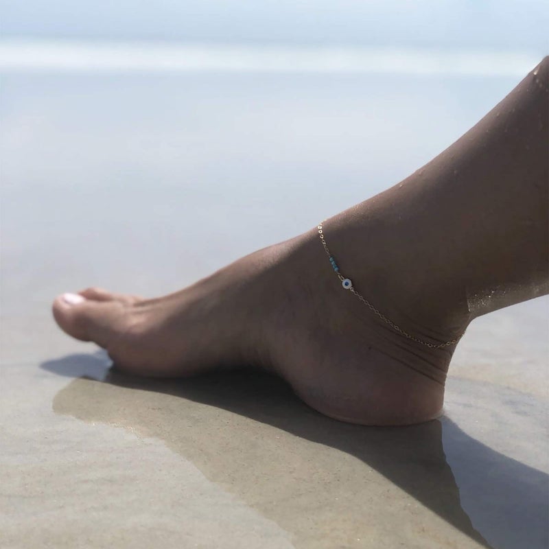 MEVECCO Anklet for Women Gold Evil Eye Ball Turquoise Quartet Bead Wire Wrapped 14K Gold Plated Dainty Chain Boho Beach Summer Simple Protection Foot Jewelry Ankle Bracelet - Image 5