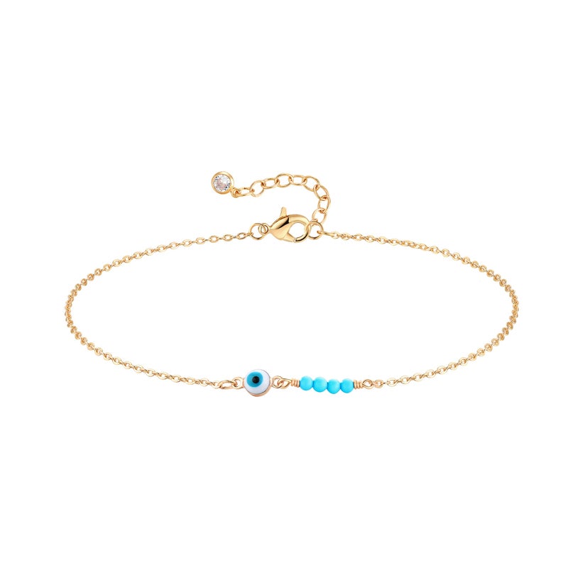 MEVECCO Anklet for Women Gold Evil Eye Ball Turquoise Quartet Bead Wire Wrapped 14K Gold Plated Dainty Chain Boho Beach Summer Simple Protection Foot Jewelry Ankle Bracelet - Image 1