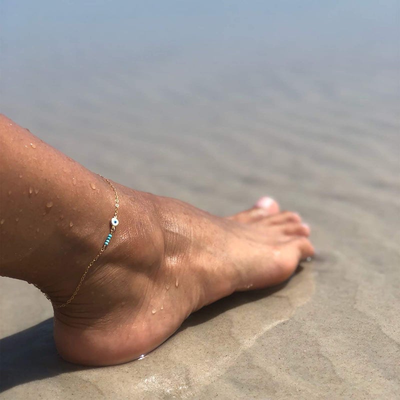 MEVECCO Anklet for Women Gold Evil Eye Ball Turquoise Quartet Bead Wire Wrapped 14K Gold Plated Dainty Chain Boho Beach Summer Simple Protection Foot Jewelry Ankle Bracelet - Image 4