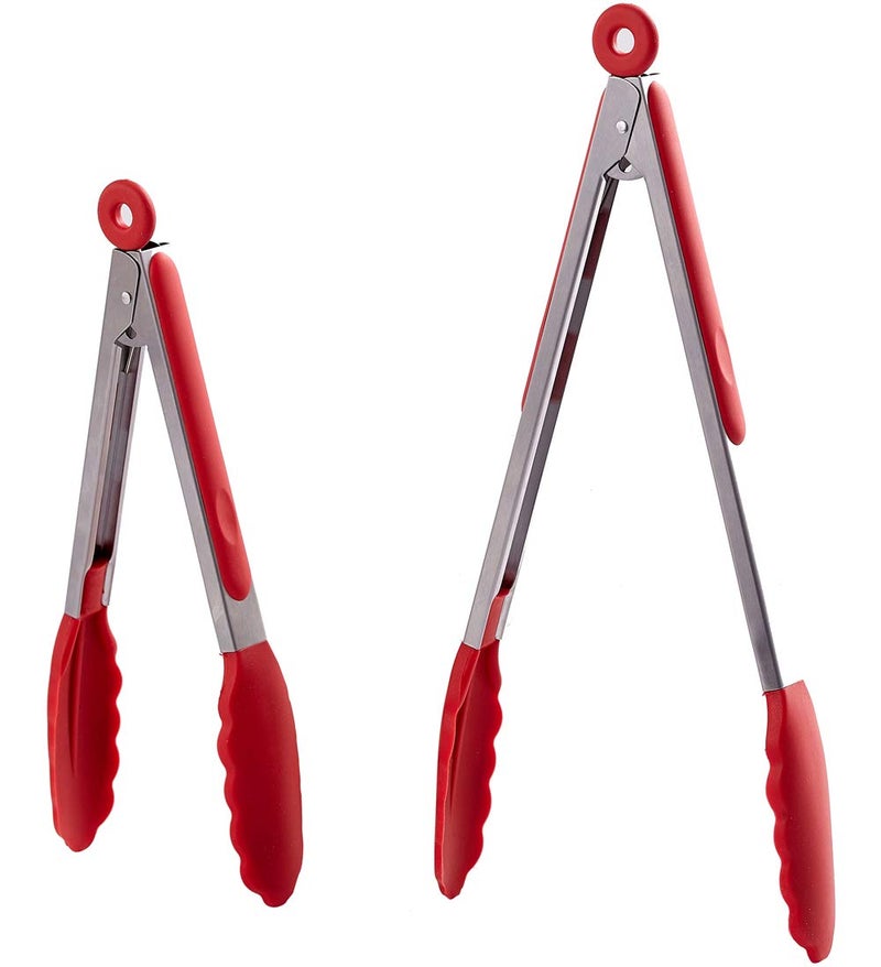HiramWare Kitchen Tongs Set of 2  9 inch  12 inch  Stainless Steel Food Tongs with Silicone Tips  Premium Locking Nonstick Tongs for Cooking BBQ Grilling Salad  Heavy Duty BPA FreeRed