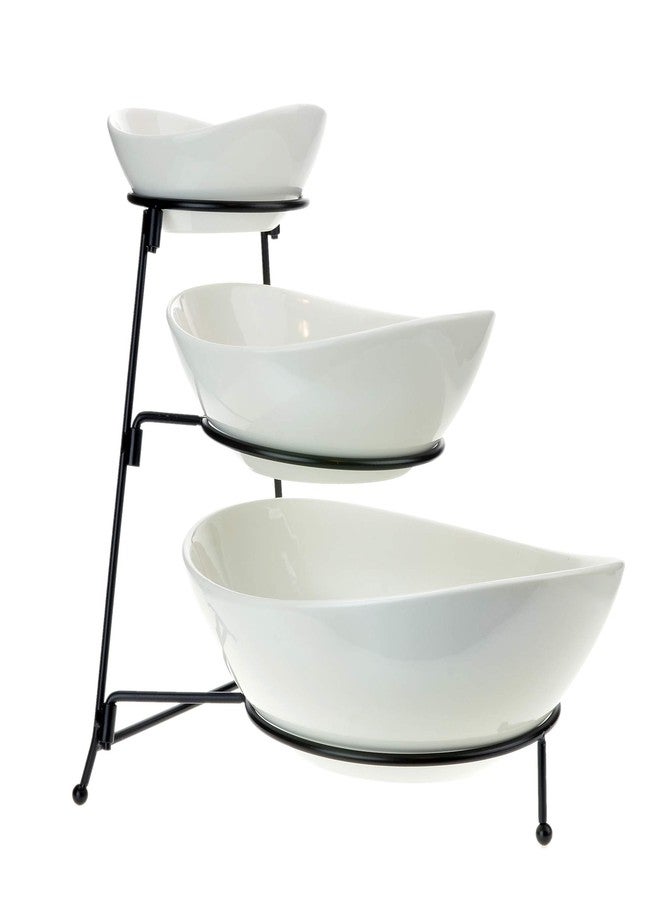 Roe & Moe 3 Tier Serving Stand Ceramic Bowl Set with Metal Rack, Tiered Bowls for Parties Candy Appetizer Dessert Fruit Cake Veggies Chips & Dip - Image 1