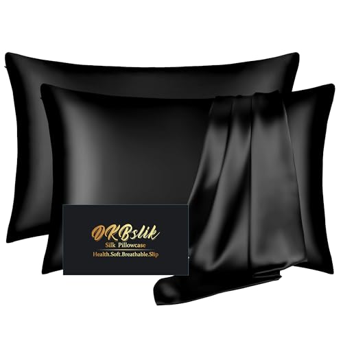 DKBslik Silk Pillowcase 2 Pack Natural Mulberry Silk Pillow Cases Silk Pillowcase for Hair and Skin King Size Satin Pillowcase Set of 2 with Zipper Gifts for Sleeping Women Black - Image 1