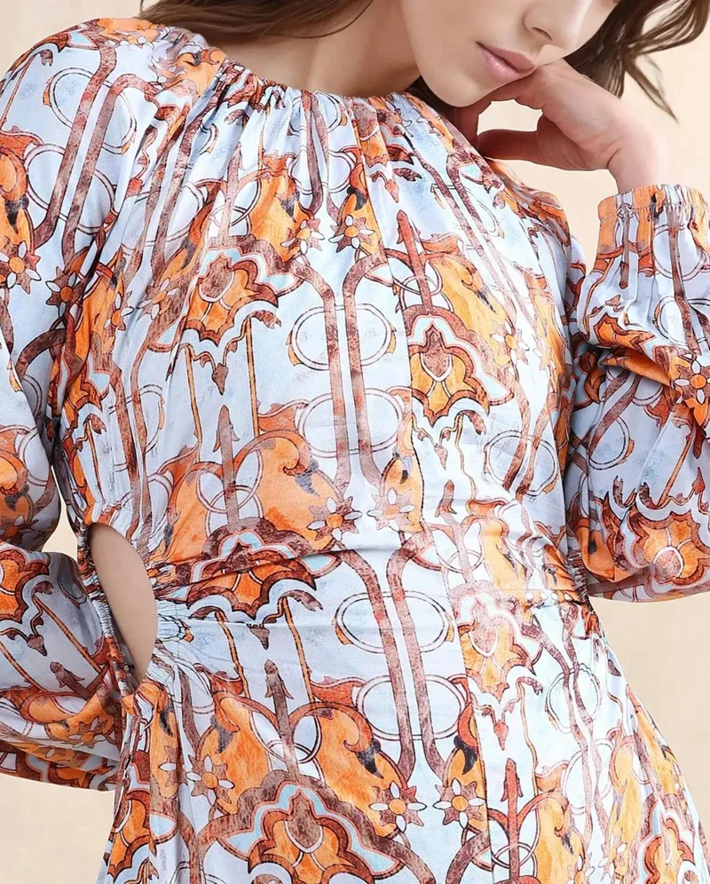 ريريزم Rareism Women Eritra Light Multi Viscose Fabric Puffed Sleeve Round Neck A-Line Maxi Abstract Print Dress