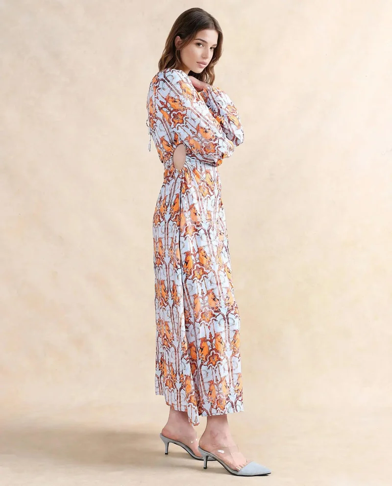 ريريزم Rareism Women Eritra Light Multi Viscose Fabric Puffed Sleeve Round Neck A-Line Maxi Abstract Print Dress