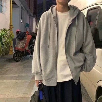 Japanese Zip Hoodie Mens Trendy Casual Jacket Grey (regular) 