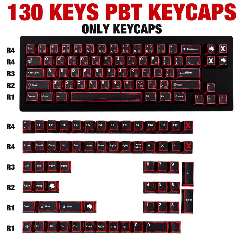 GEKUCAP Japanese Manga Keycaps 130 Keys, Custom PBT Black and Red Keycaps, Cherry Profile Dye Sub Keycap Set Fit for 61/64/87/104/108 Cherry MX Switches Mechanical Keyboard - Image 2