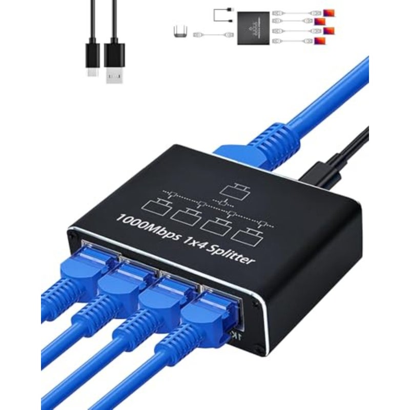 Ethernet Splitter 1 to 4, Gigabit RJ45 Network Splitter Adapter, 1000Mbps LAN Port Expander, Supports Cat5 Cat5e Cat6 Cat7 Cat8 Cables, Plug and Play for Router PC TV Gaming Devices - Image 1