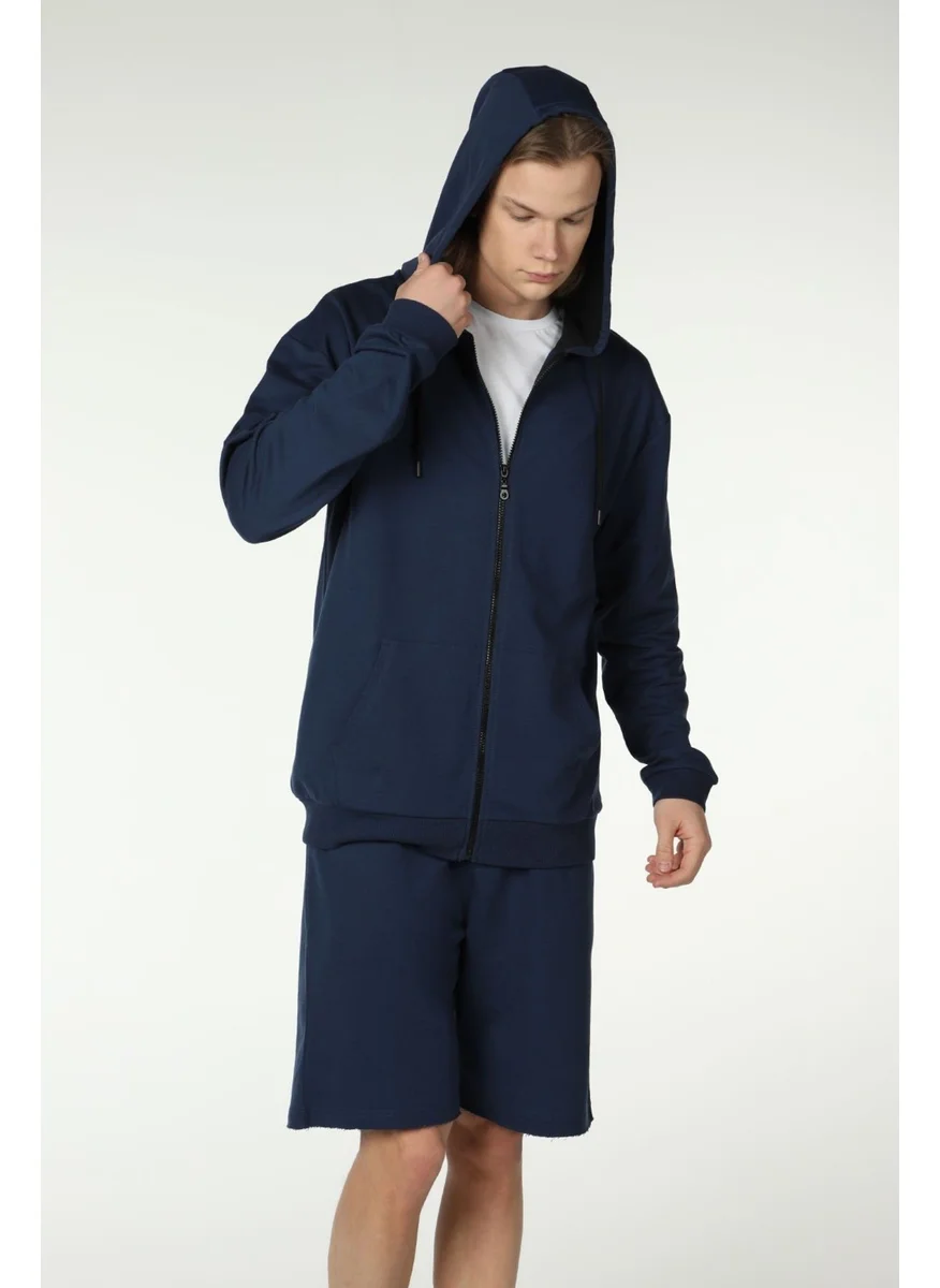 Defy'S Men's Hooded Zipper Oversize Pattern Sweatshirt Indigo